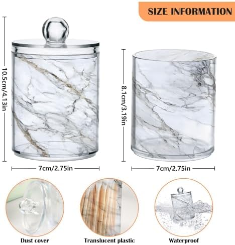 MNSRUU 2 Pack Qtip Holder Organizer Dispenser Stylish White Marble Texture Bathroom Storage Canister Cotton Ball Holder Bathroom Containers for Cotton Swabs/Pads/Floss