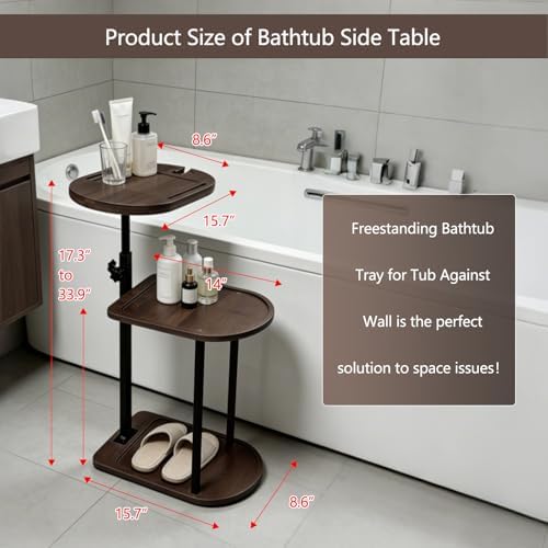 3 Layer Bathtub Tray Table,Bamboo Swivel Bathtub Side Table Height Adjustable,Freestanding Bathtub Tray for Tub Against Wall,Bathtub Accessories&Bathroom Organizer for Luxury Home Spa (Brown)
