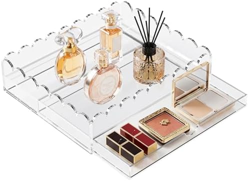 Scalloped Acrylic Tray, 10 x 12 Inch Acrylic Organizer Tray Insert 1” Height Drawer for Vanity Makeup Lipstick Bathroom Countertop, Clear Decorative Tray for Insert Needlepoint Customizable Home Decor