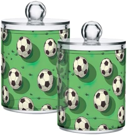 Soccer Balls Green Field Qtip Holder Dispenser Set of 2, Clear Apothecary Plastic Jars Makeup Brush Container for Cotton Pads, Cotton Ball, Cotton Swabs, Floss Picks 10 Oz