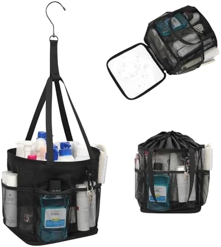 Mesh Shower Caddy Portable for College Dorm Room Essentials, Shower Tote Bag with Hanging Hook and Drawstring, Quick Dry Toiletry Bag with 6 Pockets for Bathroom, Swimming, Gym, Camping, Beach, Travel