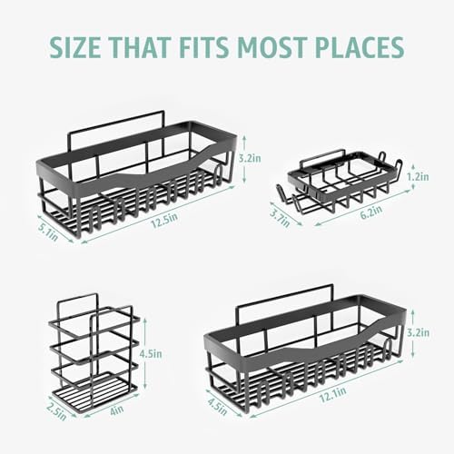Adhesive Shower Caddy 5 Pack – Rustproof Stainless Steel No-Drill Bathroom Organizer Shelves with Large Capacity, Waterproof Storage Racks for Shower, Kitchen, Dorm, Apartment, and Home