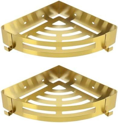 NearMoon Bathroom Shower Caddy 2 Pack, 304 Stainless Steel Shower Organizer with 2 Hooks, No Drill (Corner Shelf, Gold)