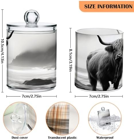 2 Pack Cow Qtip Holder Dispenser with Lid, 14 oz Clear Plastic Apothecary Jar Set for Bathroom Vanity Organizers Storage Containers