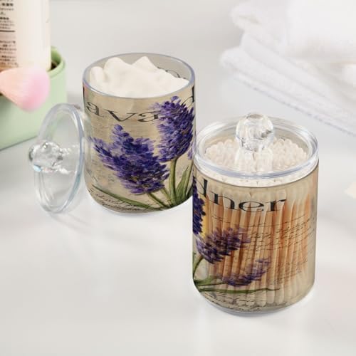 Vintage Lavender Flowers Qtip Holder Apothecary Jars Bathroom Storage Floss Makeup Organizer for Cotton Ball Swab Acrylic 2 Packs