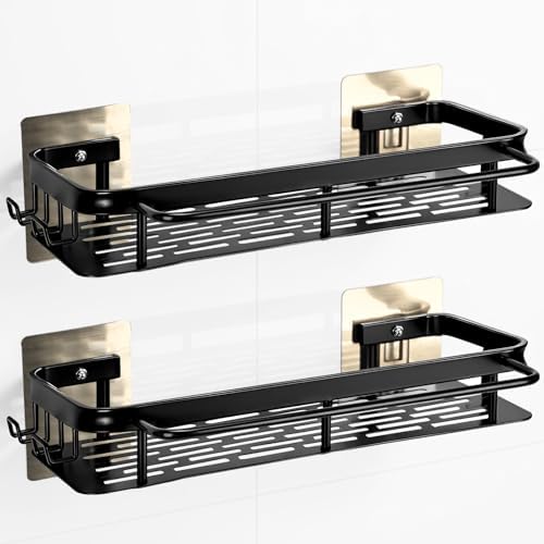 No-Drill Adhesive Shower Caddy, Black Aluminum Shelves 2-Pack