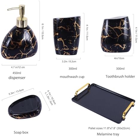 Black Bathroom Accessories Set,Gold Marble Look Bathroom Decor,Modern 6 Piece Bathroom Accessory Set,Complete with Soap Dispenser,Toothbrush Holder,Tumbler,Tray Countertop
