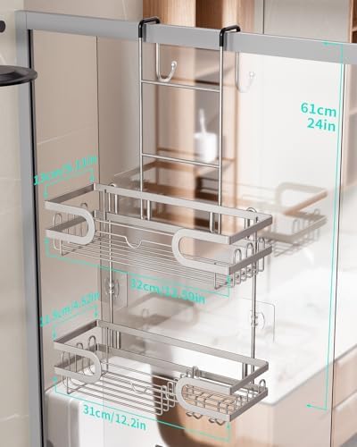 HapiRm Shower Caddy over Door- Hanging Shower Organizer with 14 Hooks and Soap Holder, Rustproof & Waterproof Stainless Steel Bathroom Shelf - Brushed Nickel