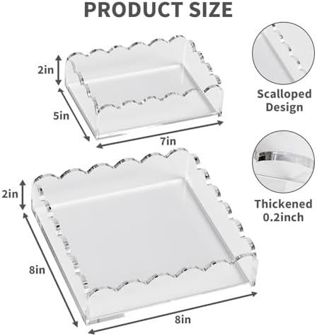 Scalloped Acrylic Tray 2 Pack, Clear Acrylic Decorative Tray for Vanity Jewelry Display, Countertop Organizer Tray for Perfume Makeup, 7 x 5 Inch 8 x 8 Inch Acrylic Organizer for Bathroom Home Decor