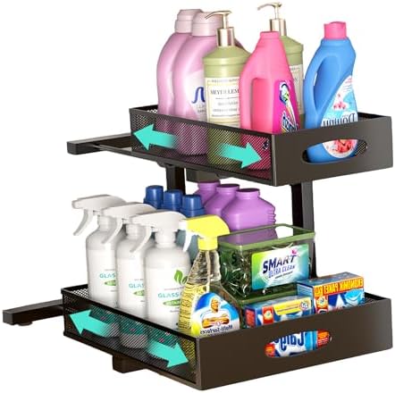 Under Sink Organizer, Extra-Wide Upgrade, 1-Pack of 2-Tier Metal Slide Out Cabinet Organizer, Height Adjustable Organization and Storage Series, Bathroom/Cabinet/Kitchen organization, Black