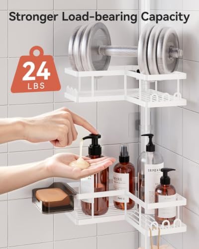 YASONIC Corner Shower Caddy Tension Pole, 25.7-109.1in Adjustable Shower Shelves, Rust-Resistant Shower Organizer, No-Drill 3-Step Installation, Bathroom Shelves for Renters & Family, White