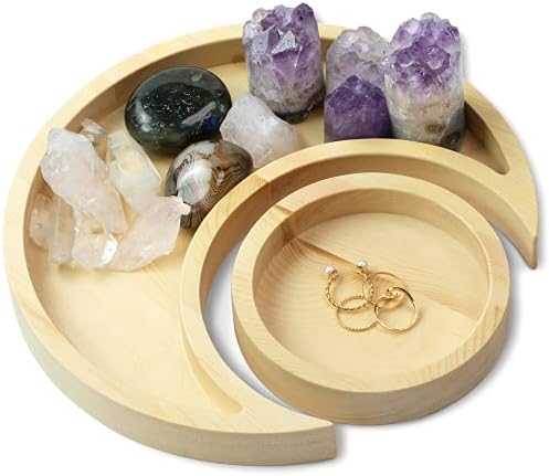Natural Pine Wood Moon Crystal Display Tray with Dish - Wooden Altar Tray 9.6" x 4.2" for Crystals and Stones Storage - Solid Wood Jewelry Organizer - Bohemian Spiritual Decor