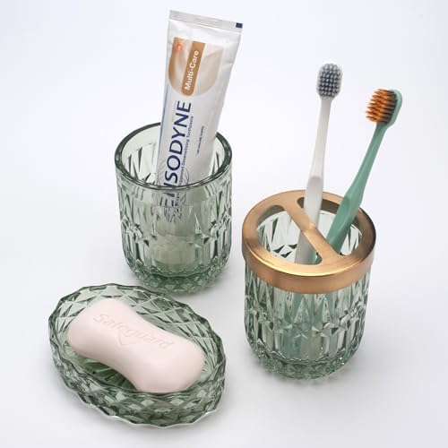 IVAILEX 5PCS Green Glass Bathroom Accessories Sets of Lotion Dispenser, Soap Dish, Toothbrush Holder, Tumbler, Cotton Swab Jars, Modern Bath Decor, Vintage Gift
