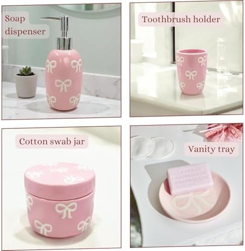 Bow Bathroom Set, 4 Pcs Ceramic Bathroom Accessory Sets - Soap Dispenser, Tumbler Toothbrush Holder, Vanity Soap Tray, Cotton Swab Jars - Pink Bathroom Decor Gift for Her (Pink)