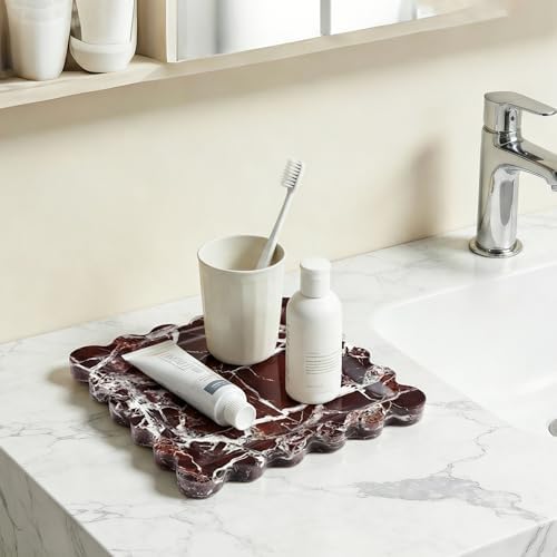Scalloped Square Marble Decorative Tray, Natural Stone Vanity & Jewelry Tray, Trinket Organizer for Ring, Key, Dresser, Nightstand, Bathroom Counter & Kitchen Sink(Rosso Lepanto)