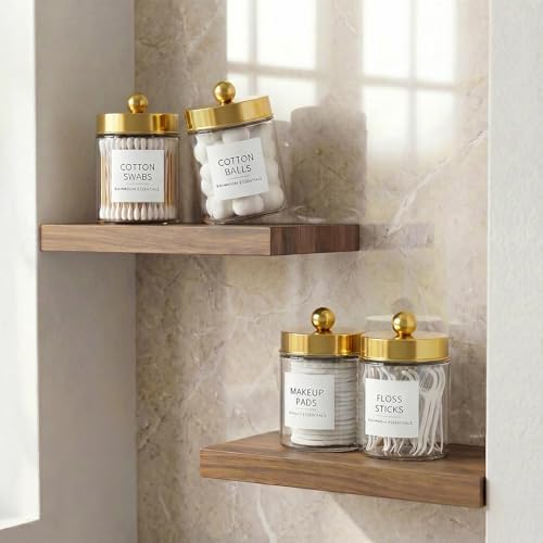 Amolliar Glass Apothecary Jars Qtip Holder w/Plastic Lids,Gold 2pc