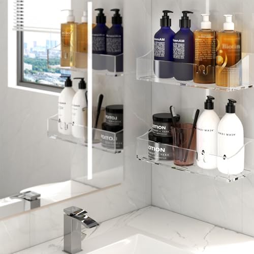 Clear Acrylic Shower Shelves, Adhesive Bathroom Caddy Organizer, 3-Pack