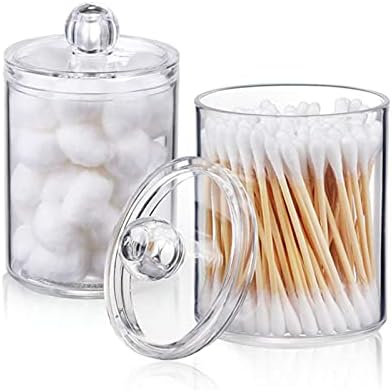 Cotton Pad, Cotton Buds Holder Dispenser for Cotton Ball, Swab, Round Pads, Floss - Clear Plastic Apothecary Jar Set Bathroom Canister Storage Organization, Vanity Makeup Organizer
