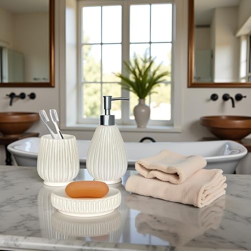 Ceramic Bathroom Accessory Set, White Bathroom Set, Caahanjia Bathroom Accessories Set 4 Pieces, Toilet Brush, Lotion Dispenser, Soap Dish, Toothbrush Cup, Modern Bathroom Décor (13 Ounce)