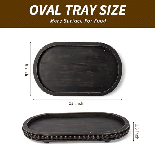HPC Decor 15in Oval Tray for Home Decor - Black Wood Beaded Tray - Decorative Serving Tray,Rustic Farmhouse Wooden Trays for Vintage Centerpiece,Kitchen Counter,Living Room Decor,Coffee Table Decor.