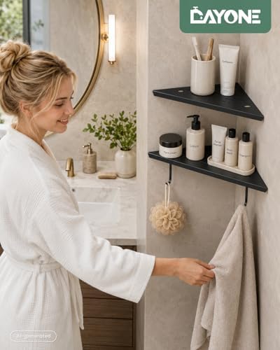 DAYONE Bathroom Corner Shower Shelf 2 Pack 12" Matte Black, SUS304 Stainless Steel Slot Design Recessed Organizer Shelves with 2 Hooks and 2 Holes, for Tiled Wall