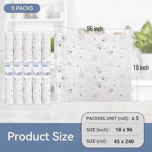 FIFTY FEET 18"x96" Non-Adhesive Shelf Liner for Kitchen Cabinets and Drawers, Washable Non-Slip PVC Cabinet Liner (White Floral)(5 Roll)