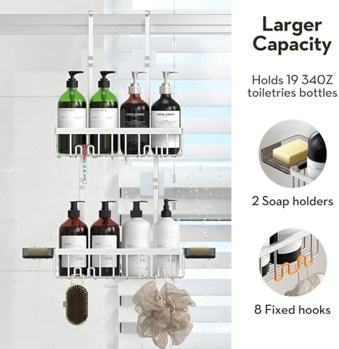 Over the Door Shower Caddy Hanging With Double Soap Holder Never Rust Aluminum Shower Shelf With 4 Hooks Hanging Bathroom Organizer No Drilling Shelves for Bathroom Storage Silver