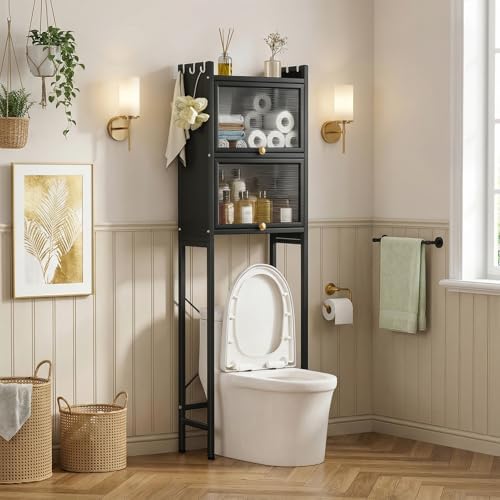 Over the Toilet Storage Cabinet, Above Toilet Storage Rack with Doors, 3-Tier Large Capacity Bathroom Organizer Shelf, Metal Waterproof Bathroom Rack for Home, Restroom, Laundry Black