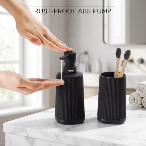 Black Bathroom Soap Dispenser and Toothbrush Holder Set with Non-Slip Base