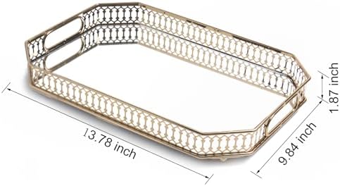 Bar Cart Tray Glass and Gold Tray，Mirrored Tray for Cologne, Perfume and Gold Vanity Tray- Decorative Mirrored Vanity Tray with Cutout Design, Glass Base, Metal Jewelry Organizer