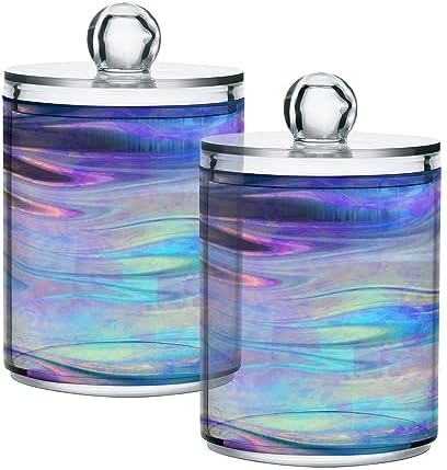 2 Pack Apothecary Jars Bathroom Iridescent Qtip Holder Dispenser Clear Plastic Storage Canister Jar with Lid for Cotton Ball, Cotton Swab