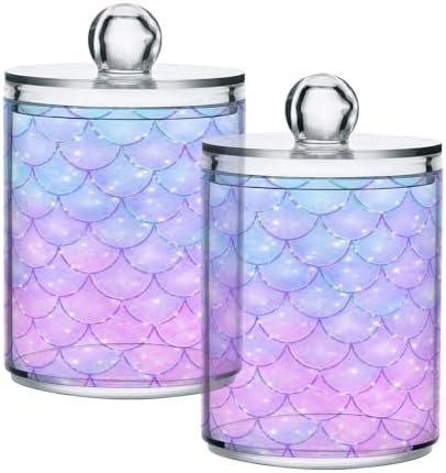 MNSRUU 2 Pack Qtip Holder Organizer Dispenser Pink Blue Mermaid Scales Bathroom Storage Canister Cotton Ball Holder Bathroom Containers for Cotton Swabs/Pads/Floss