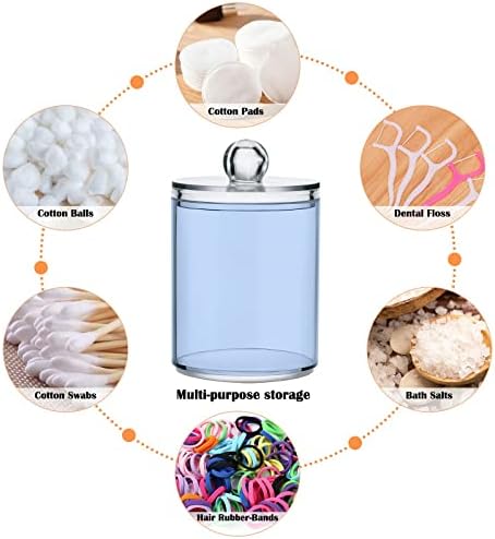 SHJI Light Steel Blue Qtip Holder Organizer Dispenser Cotton Swabs Cans Plastic Jars with Lid Set 4 Pack Bathroom Storage Canister for Cotton Ball Floss Cotton Pads