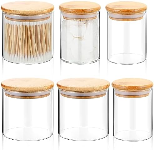 Dandat 6 Pack Glass Apothecary Bathroom Jars Bamboo Lids Countertop Storage