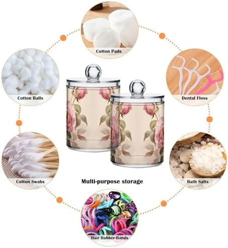 MNSRUU 4 Pack Qtip Holder Organizer Dispenser Floral Rose Pink Bathroom Storage Canister Cotton Ball Holder Bathroom Containers for Cotton Swabs/Pads/Floss