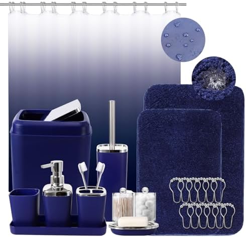 XLHOMO 24PC Navy Blue Bathroom Set with Shower Curtain and Rugs, Blue Bathroom Sets Complete with Trash Can,Soap Dispenser,Soap Dish,Toilet Brush,Toothbrush Holder and Cup,Tray,Q-Tip Holders
