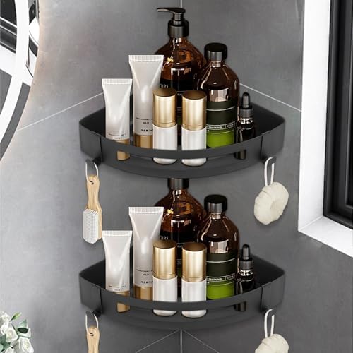 NearMoon Bathroom Shower Caddy 2 Pack, 304 Stainless Steel Shower Organizer with 2 Hooks, No Drill (Corner Shelf, Matte Black)