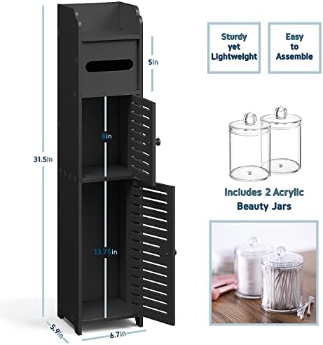 Hearth & Harbor Storage Cabinet With Doors for Toilet Paper, Floor Standing Bathroom Organizer With 2 Apothecary Decor Jars, Shelf Organizer, Black