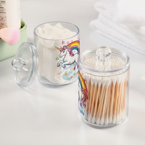 Fustylead 2 Pack Cute Unicorn with Rainbow and Stars Qtip Holder Dispensers, Bathroom Storage Canister Plastic Apothecary Jar Set for Cotton Swabs, Ball, Pads, Floss