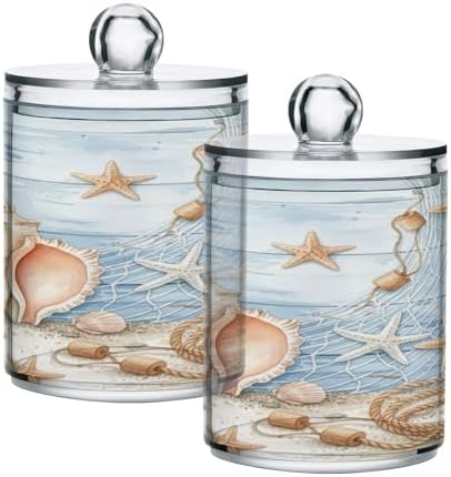 ALAZA 2pcs Starfish Seashell Tropical Beach Qtip Holder Dispenser 14 oz Bathroom Storage Clear Apothecary Jars Containers Cotton Ball,Cotton Rounds,Floss Picks, Hair Clips, Food