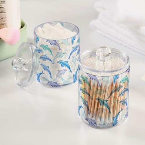MNSRUU 2 Pack Qtip Holder Organizer Dispenser Light Blue Dolphins Bathroom Storage Canister Cotton Ball Holder Bathroom Containers for Cotton Swabs/Pads/Floss