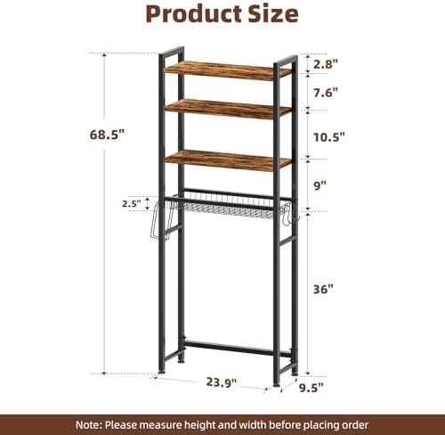 Ekisemio Over The Toilet Storage Rack, 4 Tier Over Toilet Shelf with Adjustable Feet, Freestanding Bathroom Organizer with Wooden Shelves, Hooks, Paper Holder, Vintage Brown