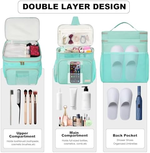 Portable Shower Caddy College Dorm Essentials, Large Toiletry Bag for Women Men, 2 Layers Quickly Dry Mesh Bathroom Tote Bag, Hanging Makeup Organizer Bag for Travel, Gym, Camping (Mint Green)