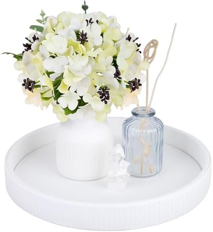 HofferRuffer Round Decorative Tray, Faux Leather Vanity Tray Decor, Decorative Catchall for Perfume, Bathroom Valet, Nightstand or Dresser (White Stripe, Round-12" x 12" x 1.6")
