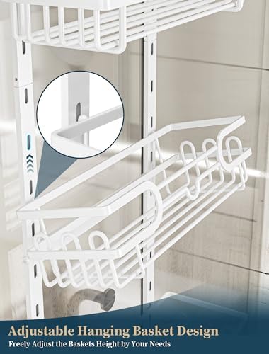 Consumest Over The Door Shower Caddy - 4 Tier Adjustable Hanging Shower Organizer Shelf with 2 Soap Holders & 22 Hooks, Rustproof Easy Installation Hanging Storage Rack for Bathroom, White