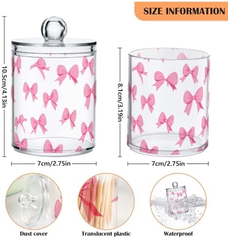 ALAZA Pink Bow Bathroom Canister Set of 2 Qtip Holder Clear Plastic Jars Holder Dispense Bathroom Organizer Storage Jars with Lids Home Decor