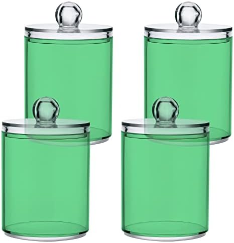 SHJI Navy Green Qtip Holder Organizer Dispenser Cotton Swabs Cans Plastic Jars with Lid Set 4 Pack Bathroom Storage Canister for Cotton Ball Floss Cotton Pads