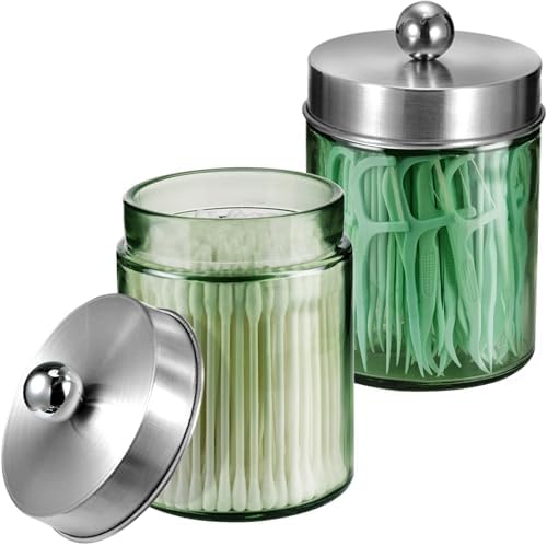 Amolliar Green Glass Apothecary Jar, Qtip Holder(Brushed Nickel 2 Pack)
