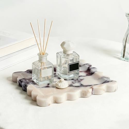 Scalloped Square Marble Decorative Tray, Natural Stone Vanity & Jewelry Tray, Trinket Organizer for Ring, Key, Dresser, Nightstand, Bathroom Counter & Kitchen Sink(Calacatta Viola)