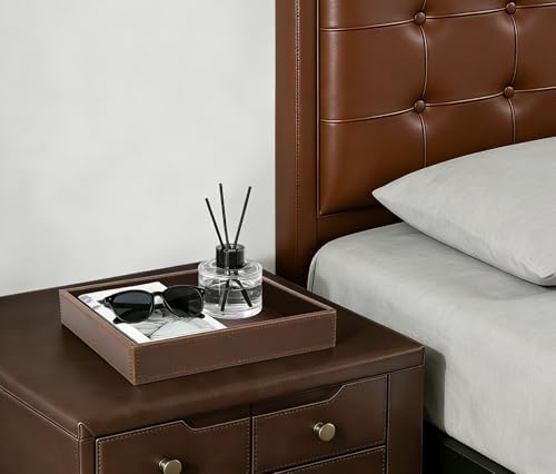 HofferRuffer Faux Leather Vanity Tray, Elegant Desktop Storage Organizer, Decorative Catchall for Perfume, Bathroom Valet, Nightstand or Dresser, 10 x 10 x 1.8 inches (Brown)